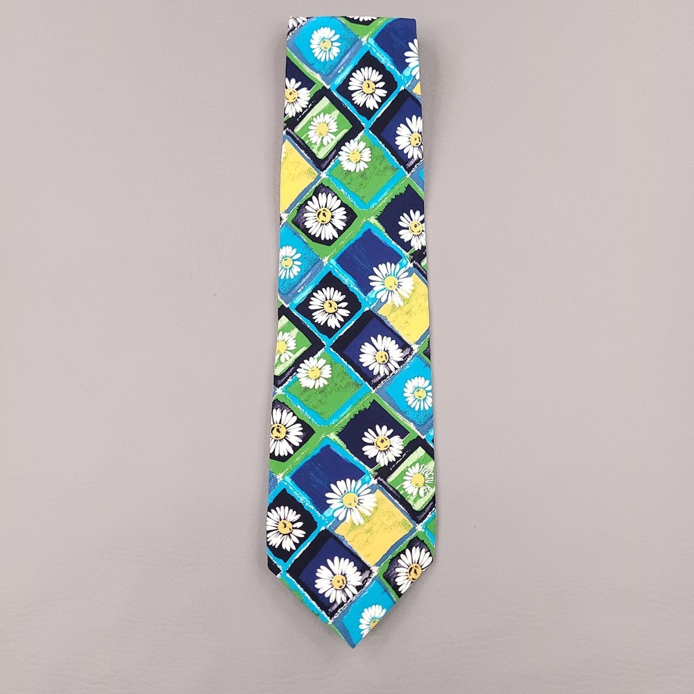 Structure Tie Mens Blue Green Silk Daisy Geometric Diamond Squares Made USA